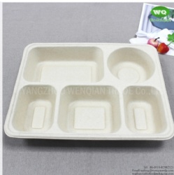 5 Compartments Unbleached Bagasse Tray-China Factory Offer Eco-friendly Fast Food Box Container Tray for Hot Foods